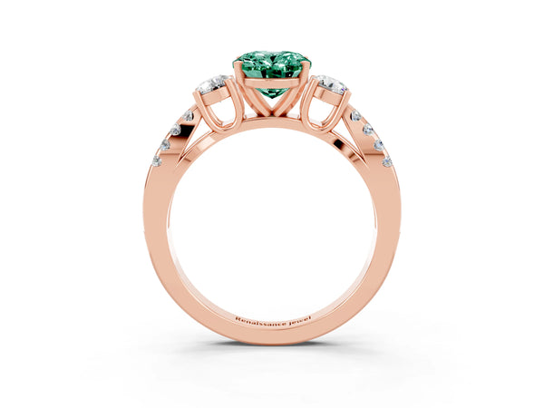 Rose gold Oval Cut Green Sapphire Three-Stone Ring with Pavé Split Shank and Four-Prong Setting