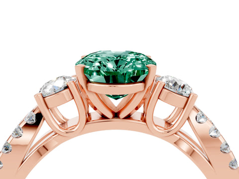 Rose gold Oval Cut Green Sapphire Three-Stone Ring with Pavé Split Shank and Four-Prong Setting_16