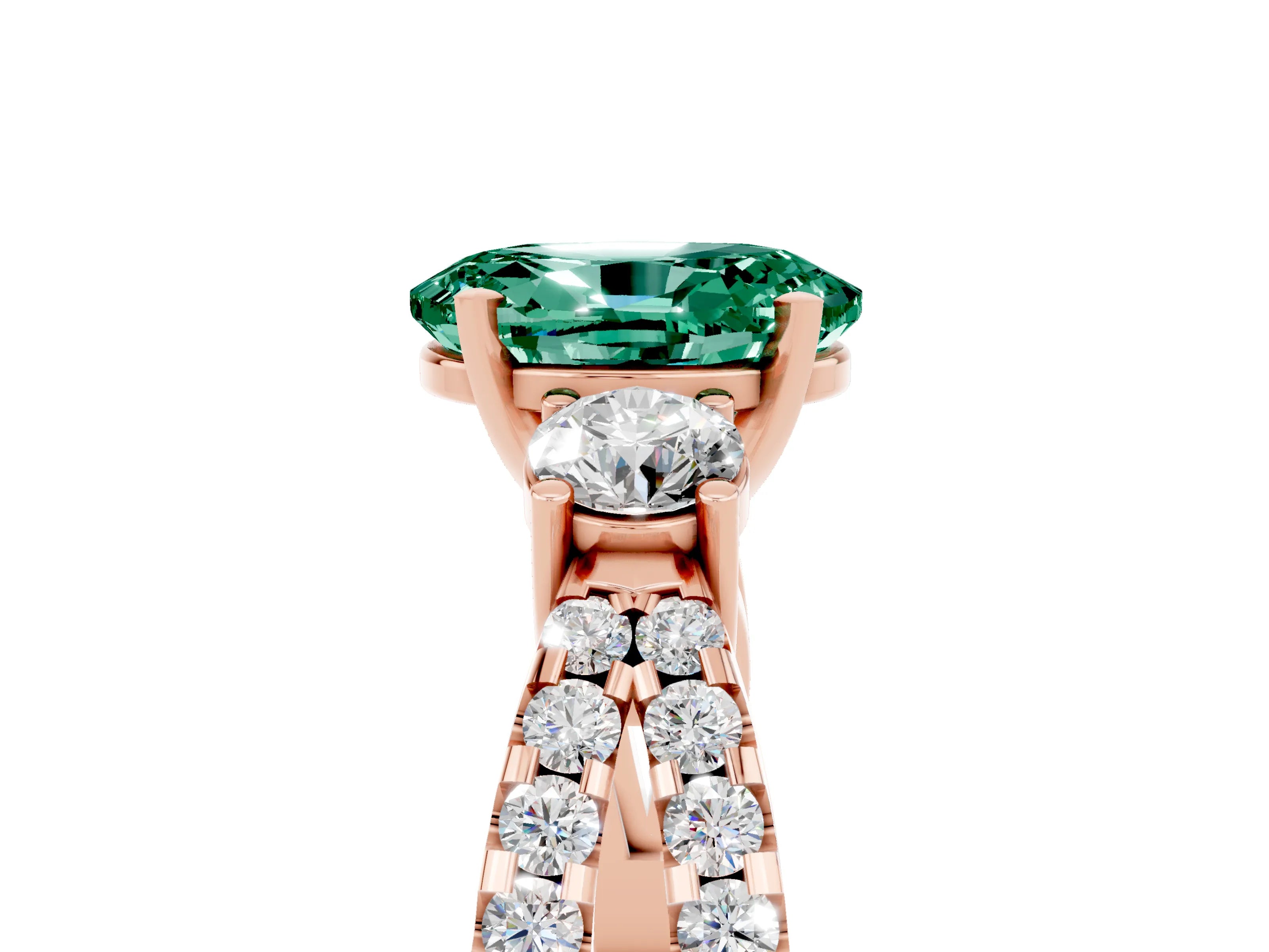 Rose gold Oval Cut Green Sapphire Three-Stone Ring with Pavé Split Shank and Four-Prong Setting_17