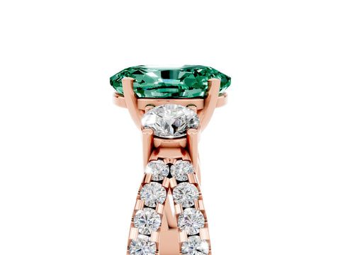 Rose gold Oval Cut Green Sapphire Three-Stone Ring with Pavé Split Shank and Four-Prong Setting_17
