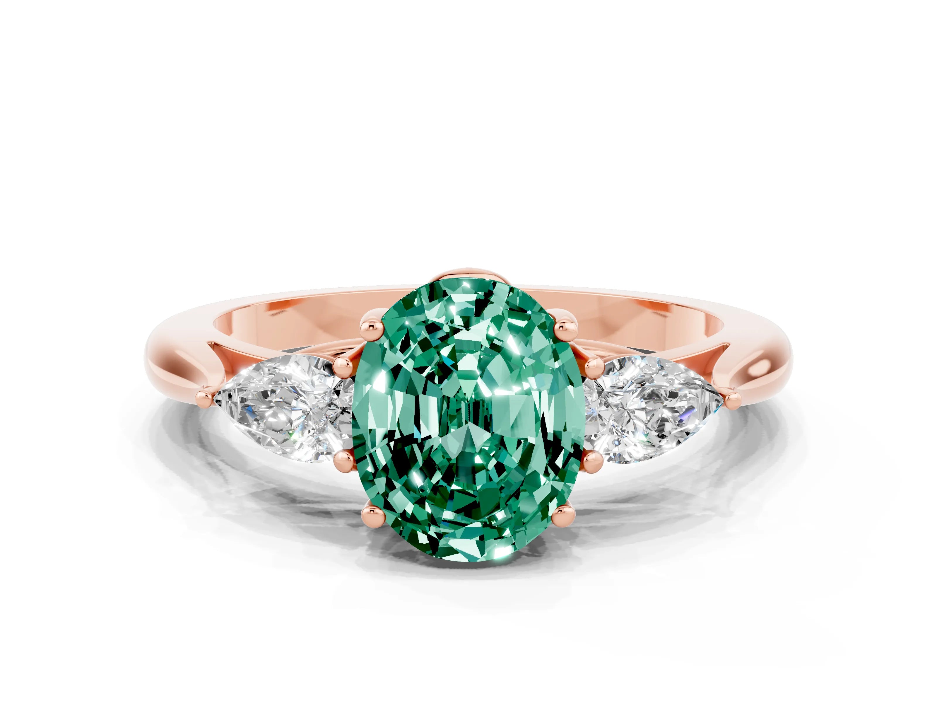 Rose gold Oval Cut Green Sapphire Three-Stone Ring with Pear Side Stones and Four-Prong Setting_12