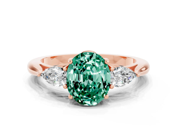 Rose gold Oval Cut Green Sapphire Three-Stone Ring with Pear  Side Stones and Prong Setting