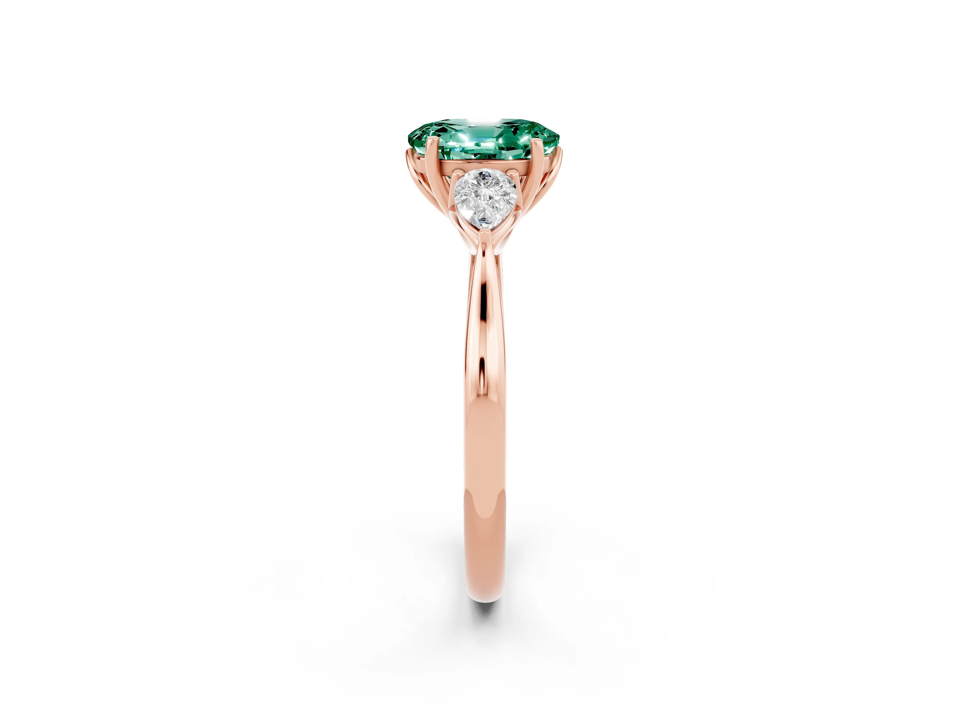 Rose gold Oval Cut Green Sapphire Three-Stone Ring with Pear Side Stones and Four-Prong Setting_14