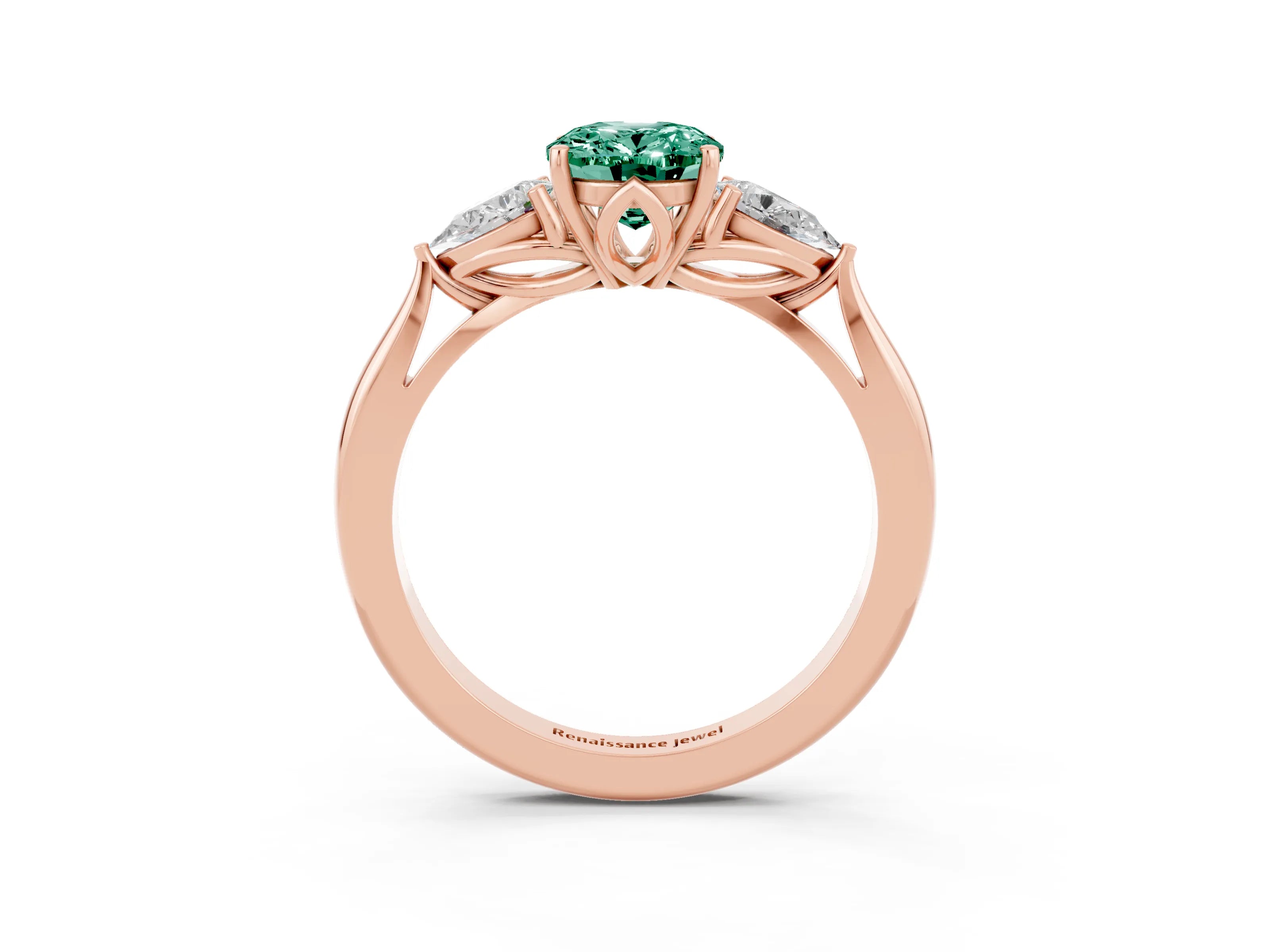 Rose gold Oval Cut Green Sapphire Three-Stone Ring with Pear Side Stones and Four-Prong Setting_15