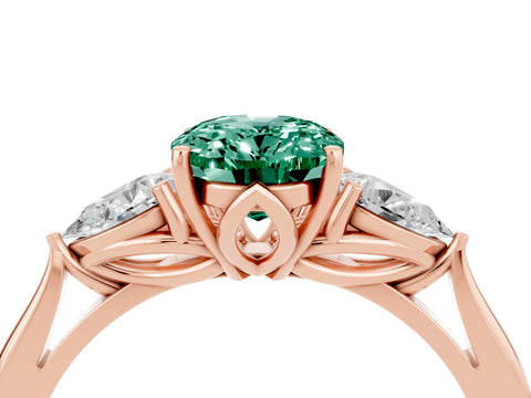 Rose gold Oval Cut Green Sapphire Three-Stone Ring with Pear Side Stones and Four-Prong Setting_16