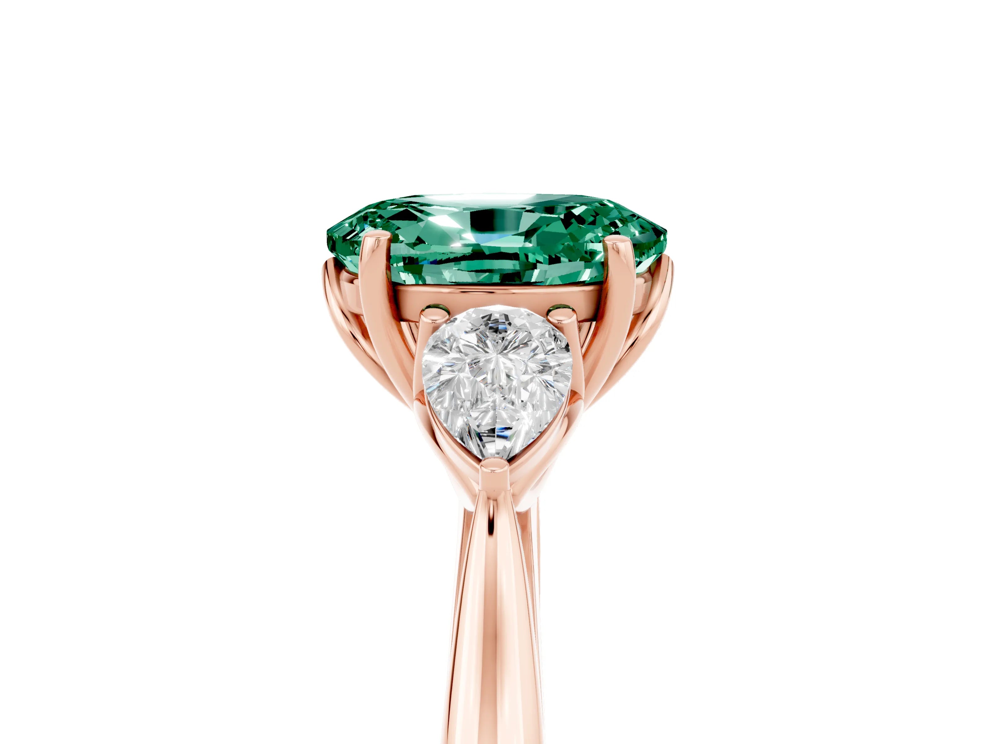 Rose gold Oval Cut Green Sapphire Three-Stone Ring with Pear Side Stones and Four-Prong Setting_17