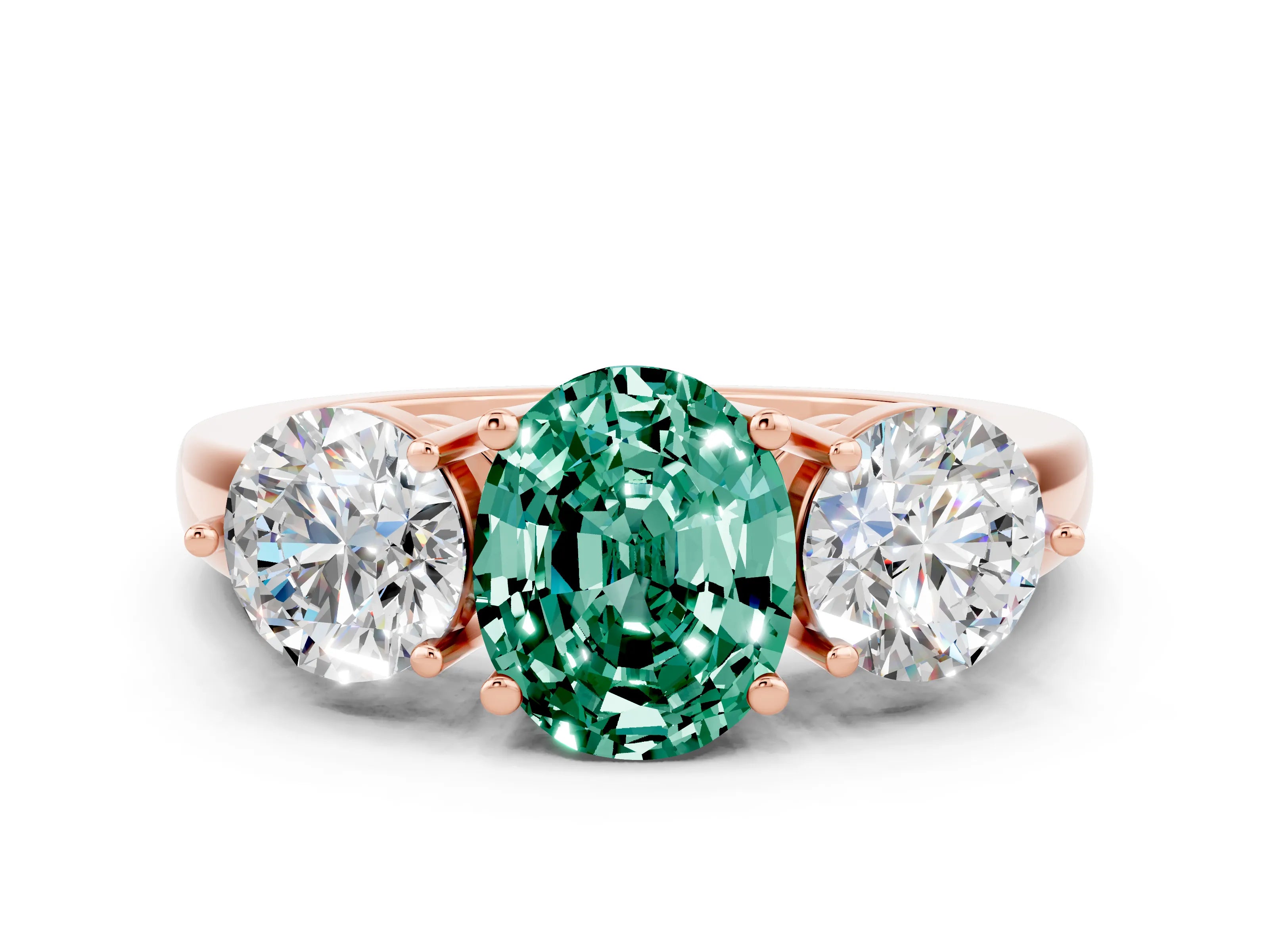Rose gold Oval Cut Green Sapphire Three-Stone Ring with Prong Setting and Classic Band