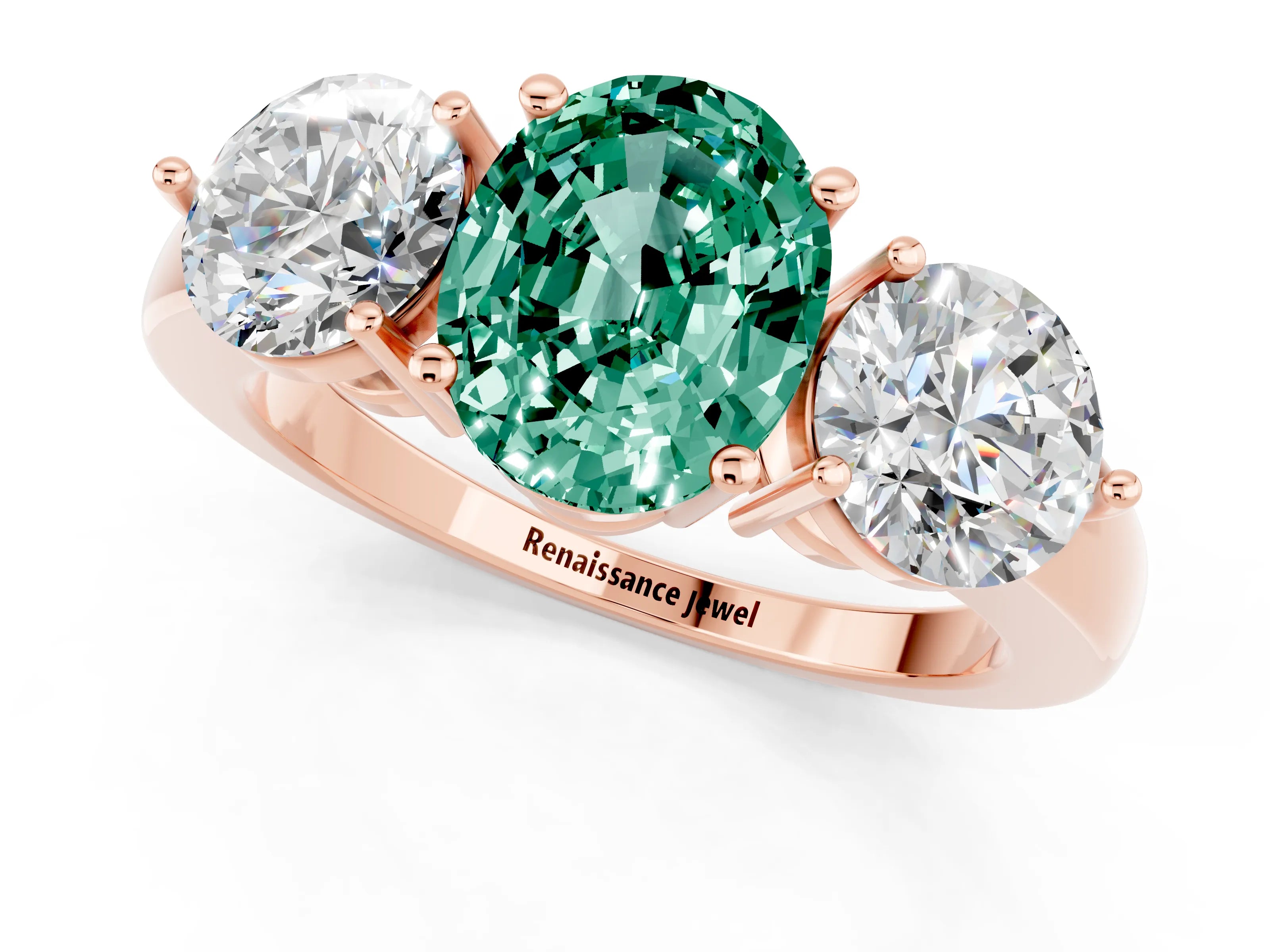 Rose gold Oval Cut Green Sapphire Three-Stone Ring with Prong Setting and Classic Band_1