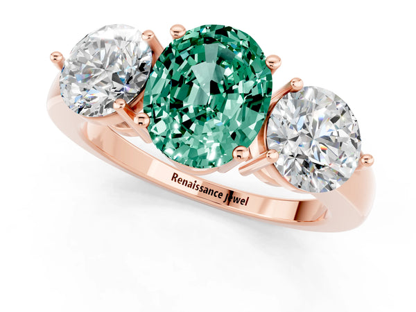Rose gold Oval Cut Green Sapphire Three-Stone Ring with Prong Setting and Classic Band