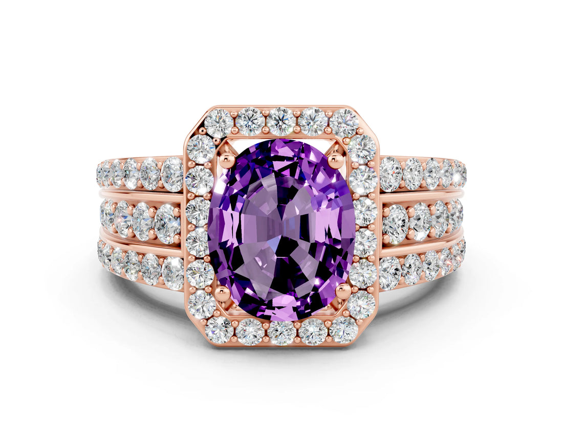 Rose gold Oval Cut Halo Amethyst Ring with Split Shank and Four-Prong Setting