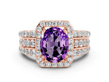 Rose gold Oval Cut Halo Amethyst Ring with Split Shank and Four-Prong Setting
