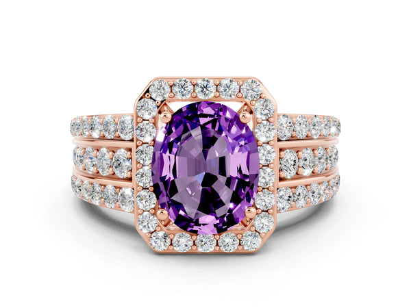 Rose gold Oval Cut Halo Amethyst Ring with Round  Split Shank and Prong Setting