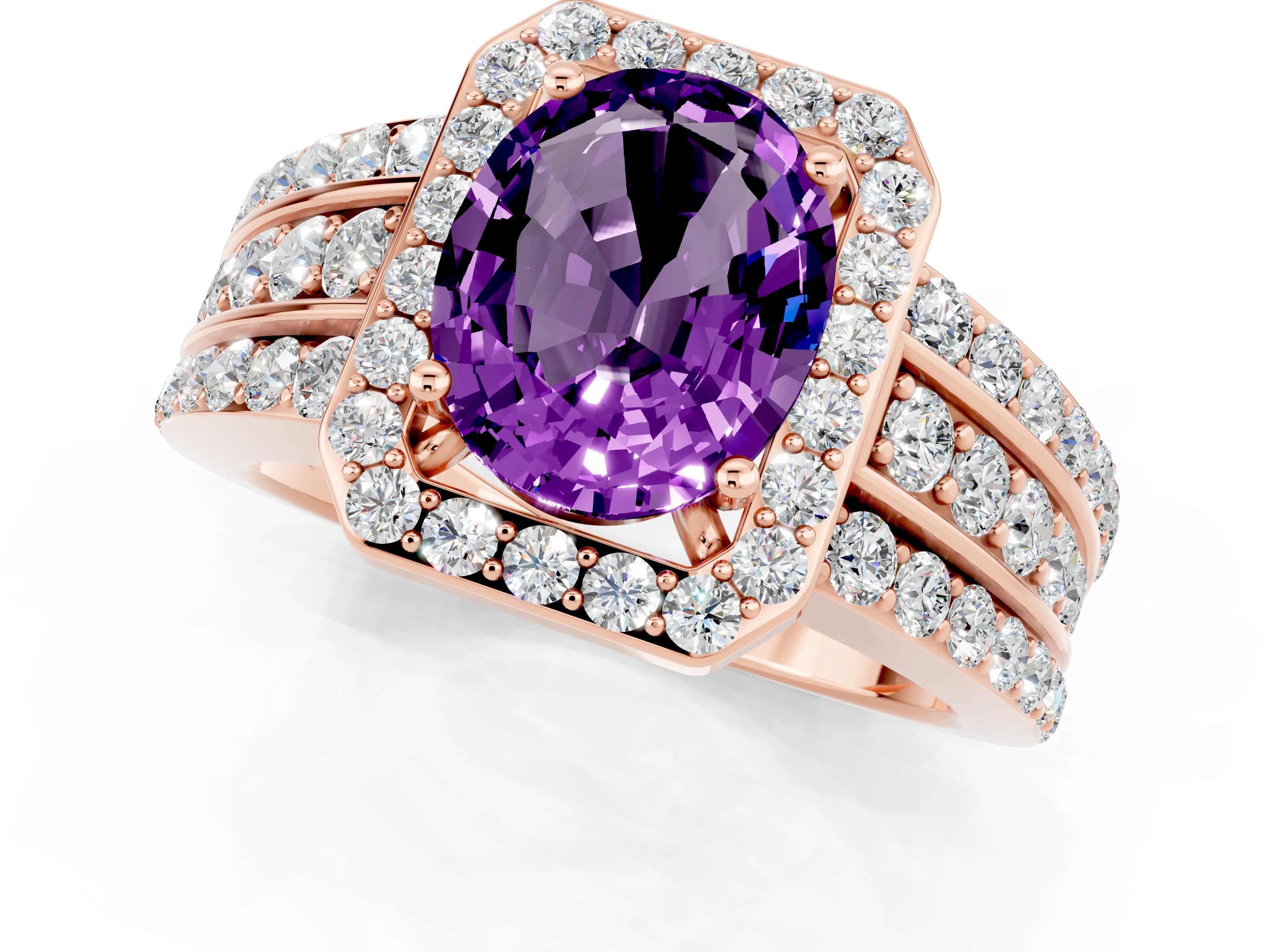 Rose gold Oval Cut Halo Amethyst Ring with Split Shank and Four-Prong Setting_1