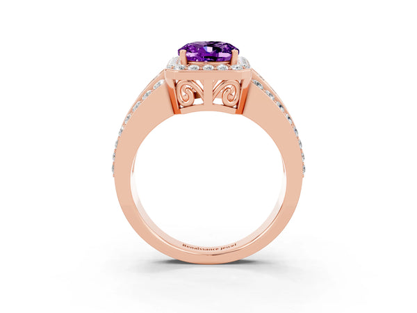 Rose gold Oval Cut Halo Amethyst Ring with Round  Split Shank and Prong Setting