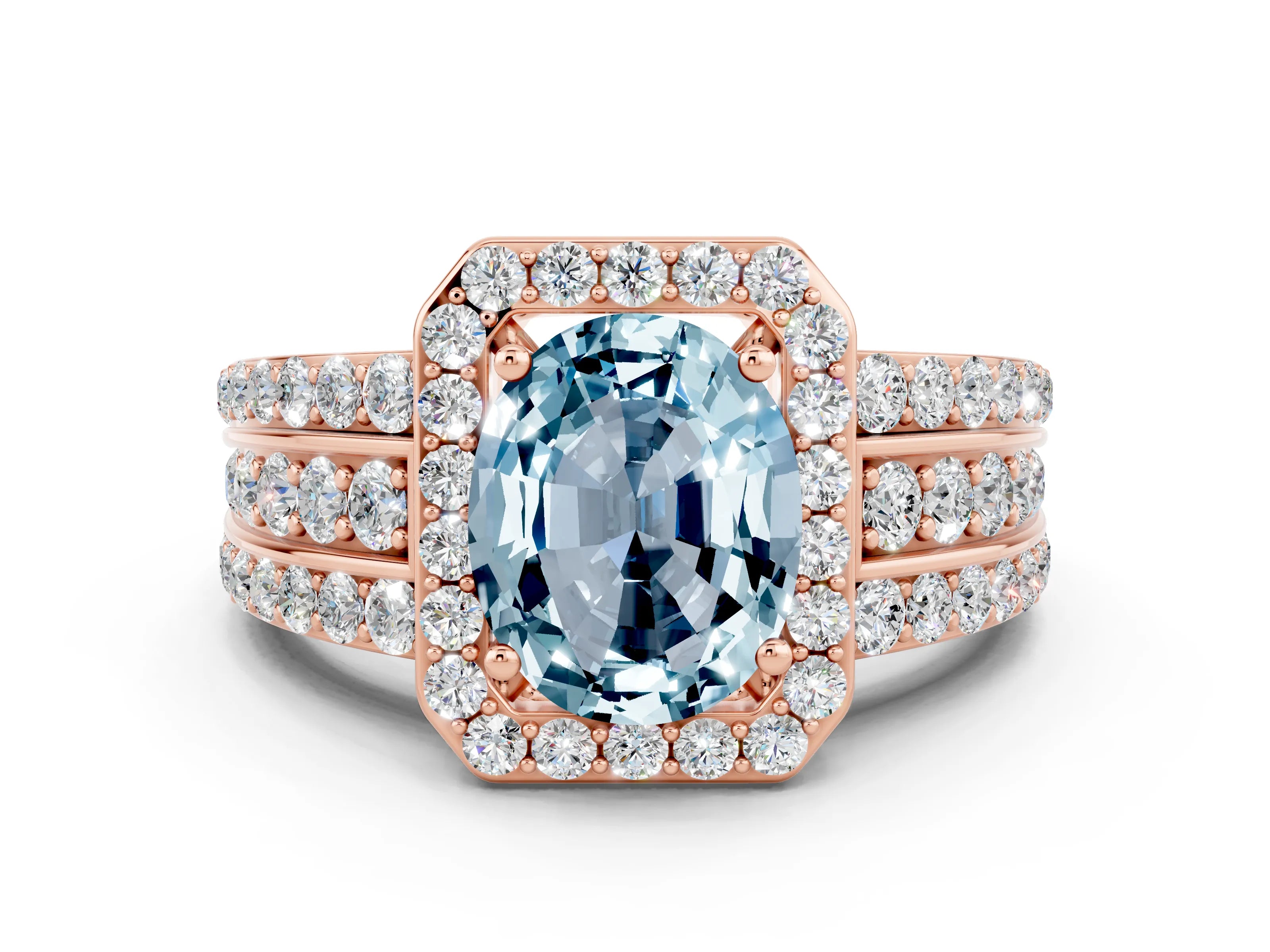 Rose gold Oval Cut Halo Aquamarine Ring with Split Shank and Four-Prong Setting