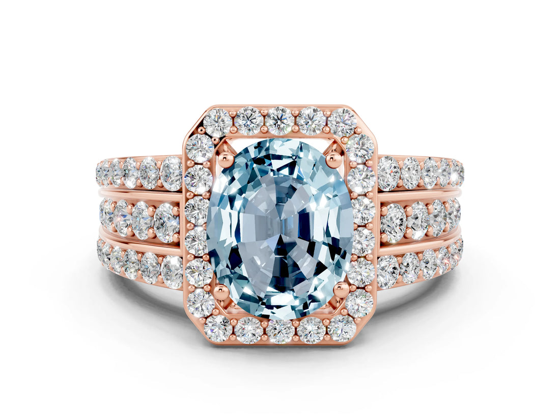 Rose gold Oval Cut Halo Aquamarine Ring with Split Shank and Four-Prong Setting