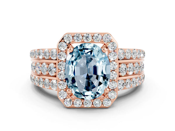 Rose gold Oval Cut Halo Aquamarine Ring with Round  Split Shank and Prong Setting