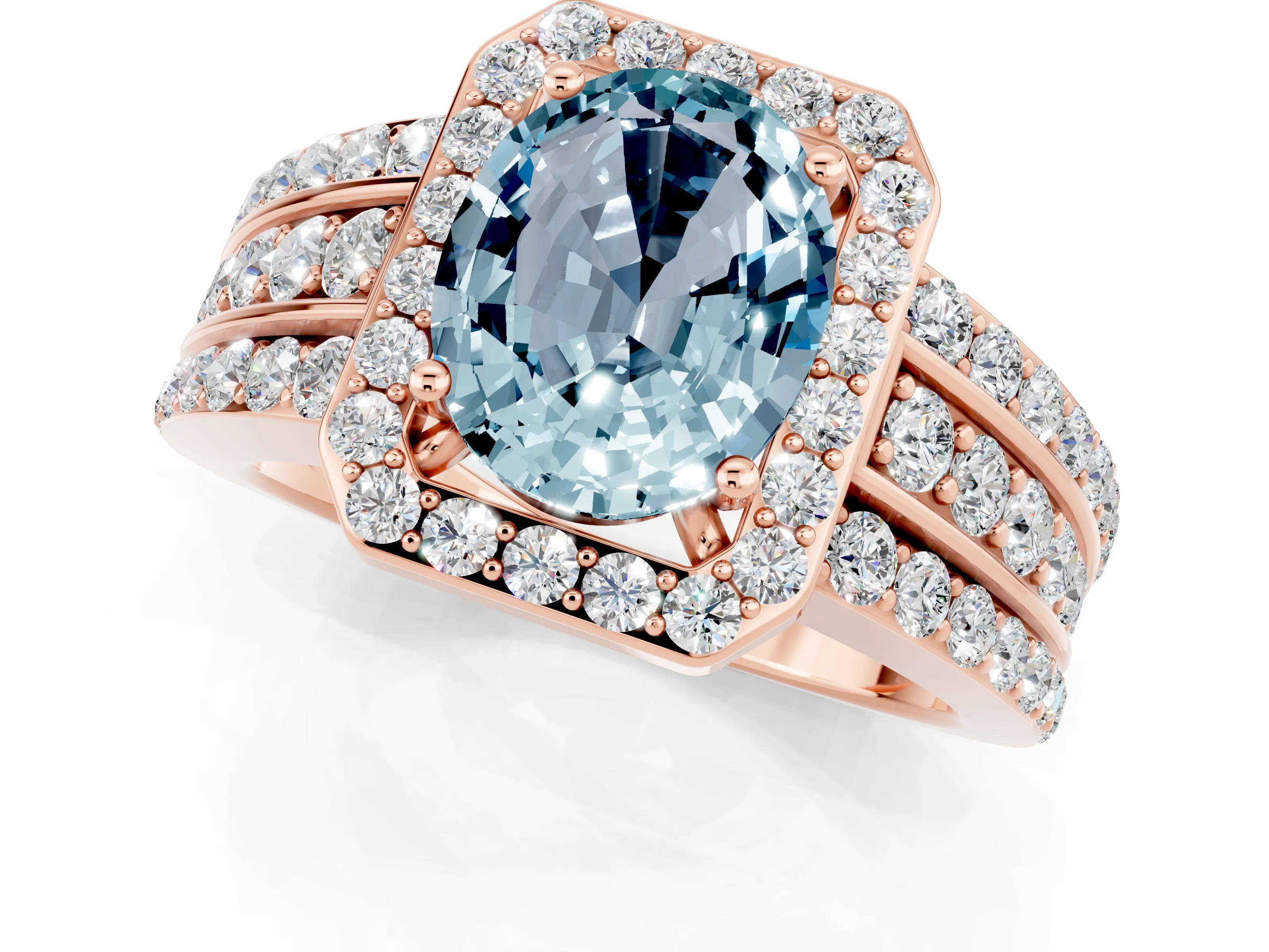 Rose gold Oval Cut Halo Aquamarine Ring with Split Shank and Four-Prong Setting_1