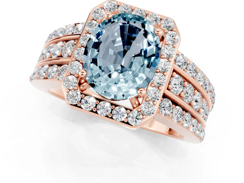 Rose gold Oval Cut Halo Aquamarine Ring with Split Shank and Four-Prong Setting_1