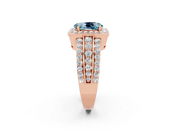 Rose gold Oval Cut Halo Aquamarine Ring with Round  Split Shank and Prong Setting