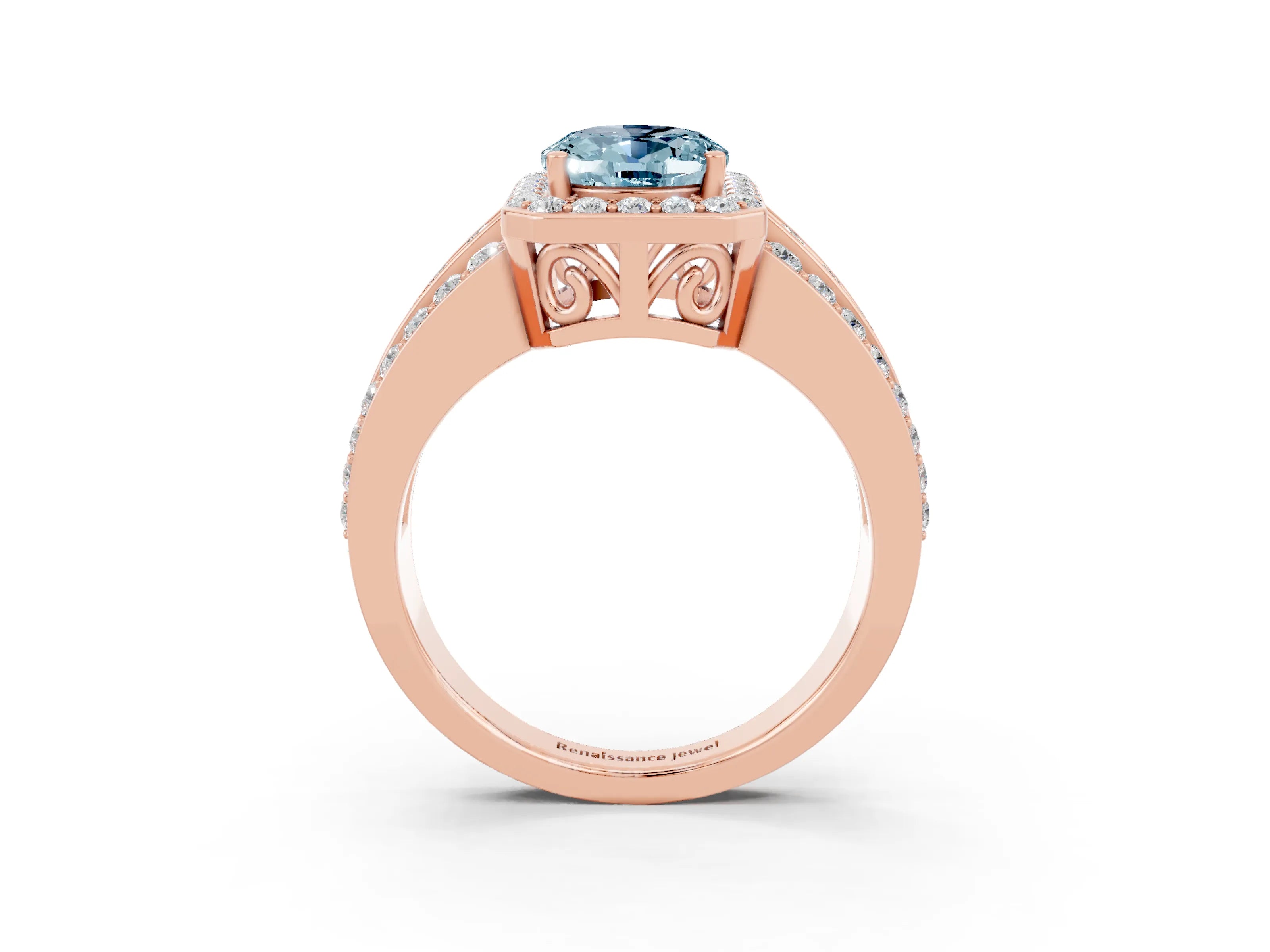 Rose gold Oval Cut Halo Aquamarine Ring with Split Shank and Four-Prong Setting_3