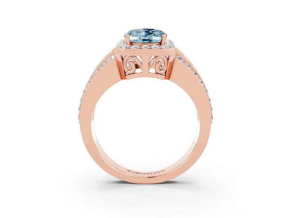 Rose gold Oval Cut Halo Aquamarine Ring with Round  Split Shank and Prong Setting
