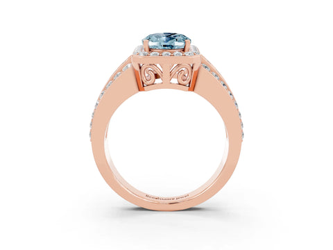 Rose gold Oval Cut Halo Aquamarine Ring with Split Shank and Four-Prong Setting_3