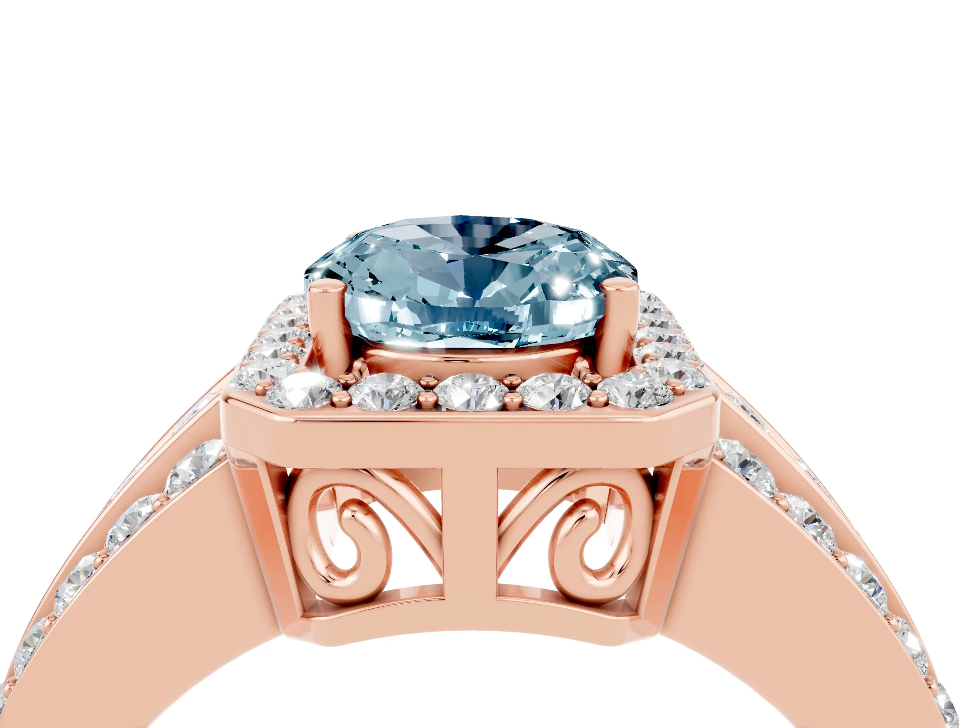 Rose gold Oval Cut Halo Aquamarine Ring with Split Shank and Four-Prong Setting_4