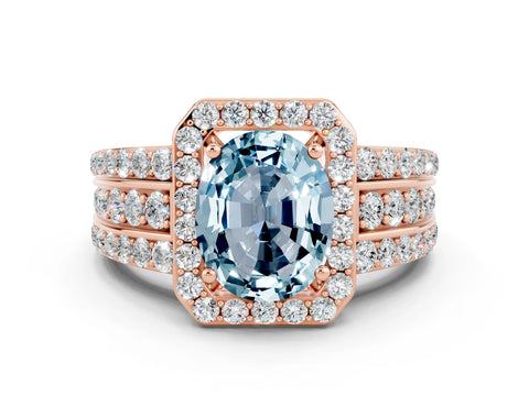 Rose gold Oval Cut Halo Aquamarine Ring with Split Shank and Four-Prong Setting