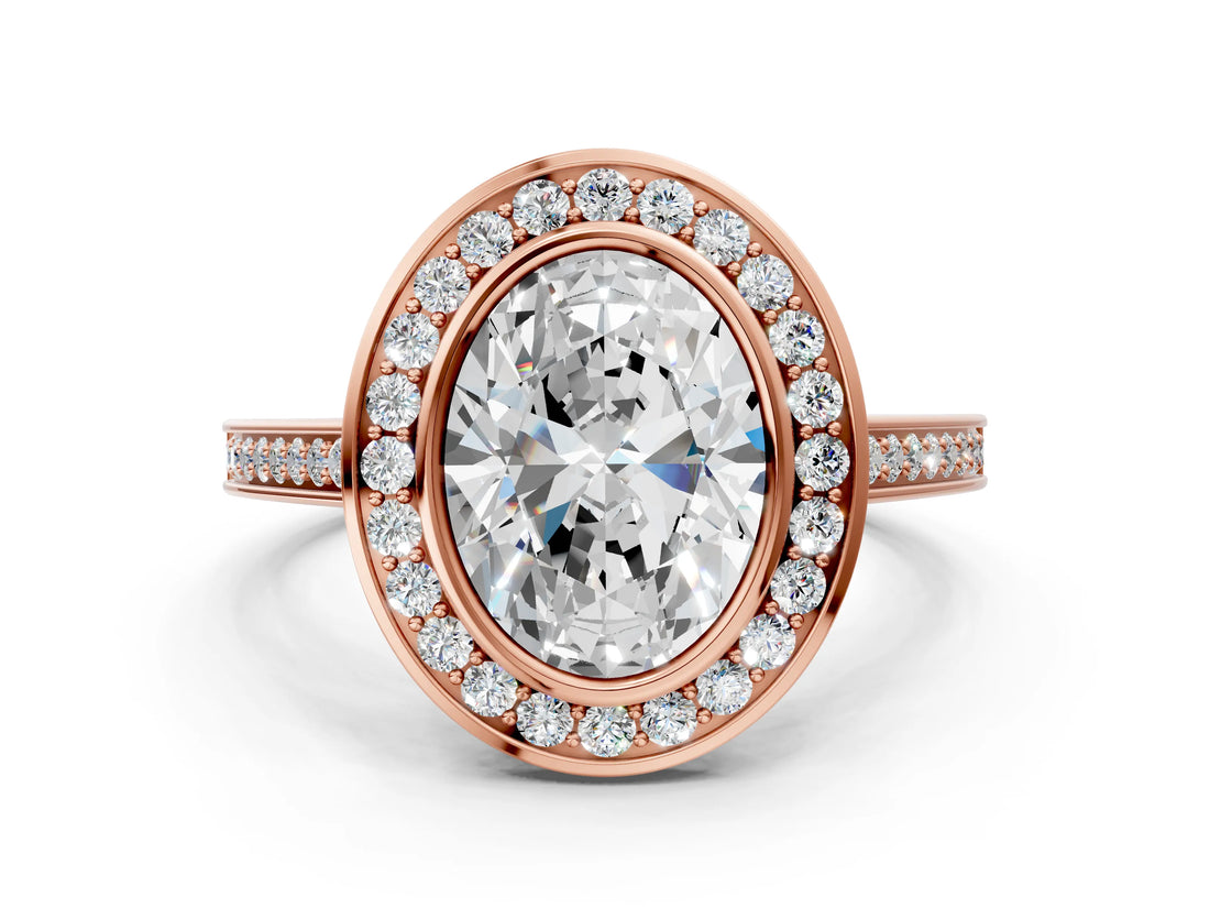 Rose gold Oval Cut Halo Bezel Diamond Pave Band Ring_9