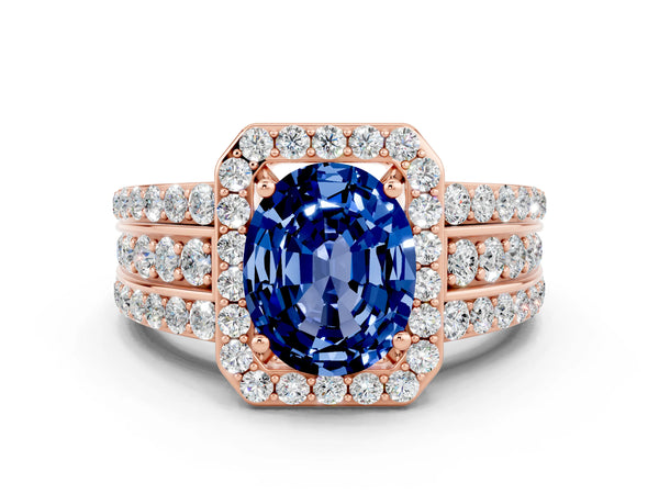 Rose gold Oval Cut Halo Blue Sapphire Ring with Round  Split Shank and Prong Setting