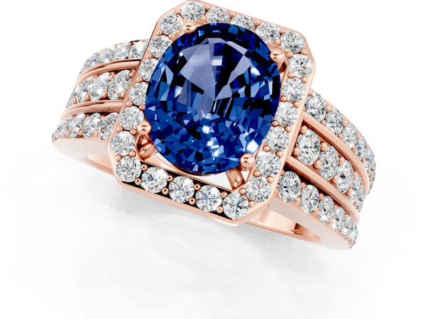 Rose gold Oval Cut Halo Blue Sapphire Ring with Round  Split Shank and Prong Setting