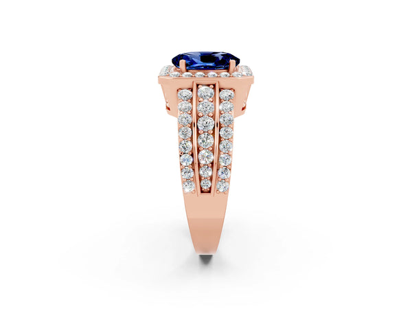 Rose gold Oval Cut Halo Blue Sapphire Ring with Round  Split Shank and Prong Setting