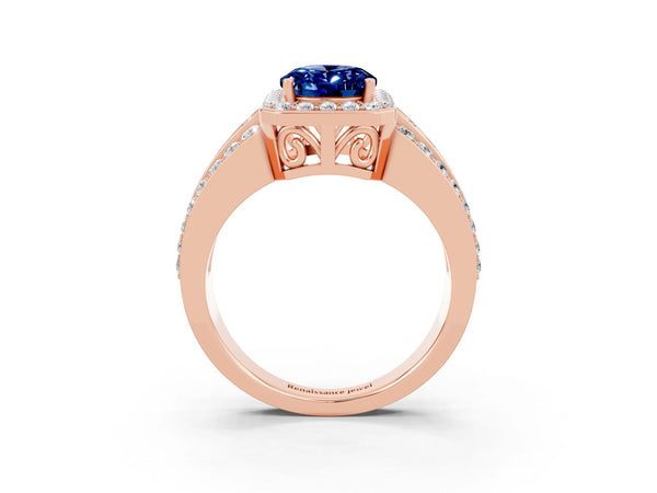 Rose gold Oval Cut Halo Blue Sapphire Ring with Round  Split Shank and Prong Setting