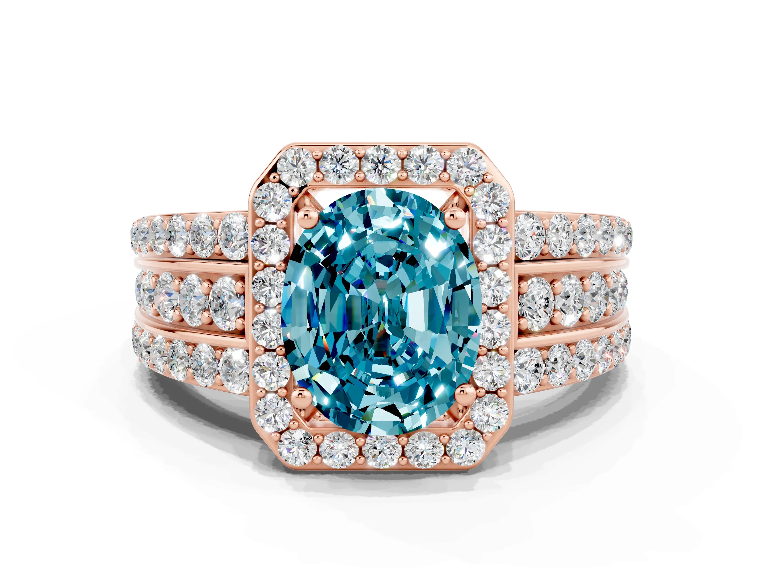 Rose gold Oval Cut Halo Blue Topaz Ring with Split Shank and Four-Prong Setting