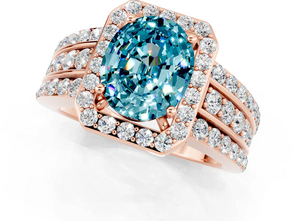 Rose gold Oval Cut Halo Blue Topaz Ring with Round  Split Shank and Prong Setting