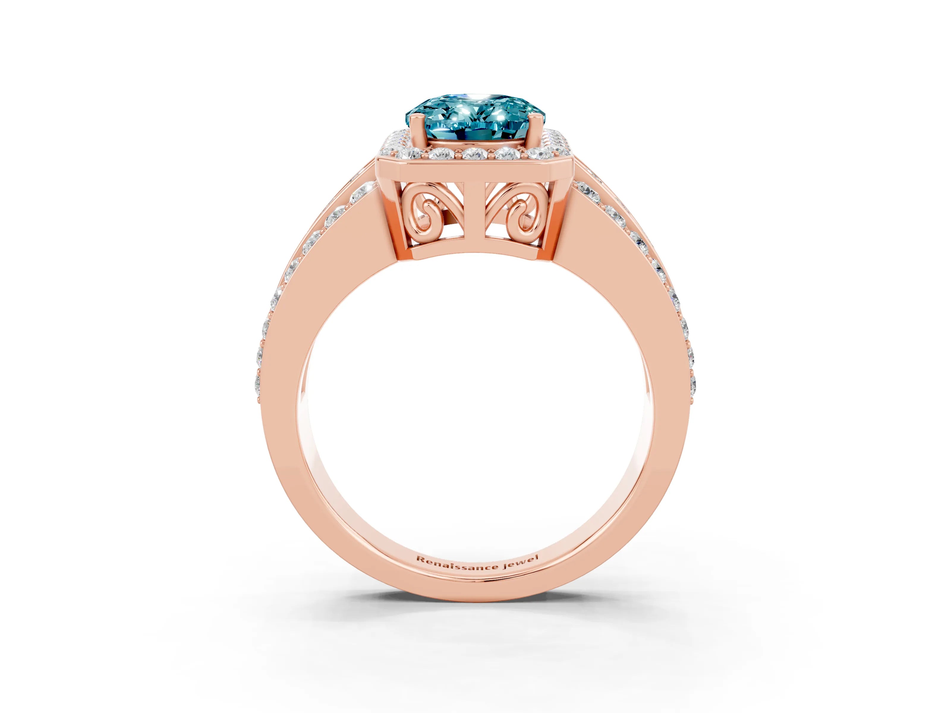 Rose gold Oval Cut Halo Blue Topaz Ring with Split Shank and Four-Prong Setting_3