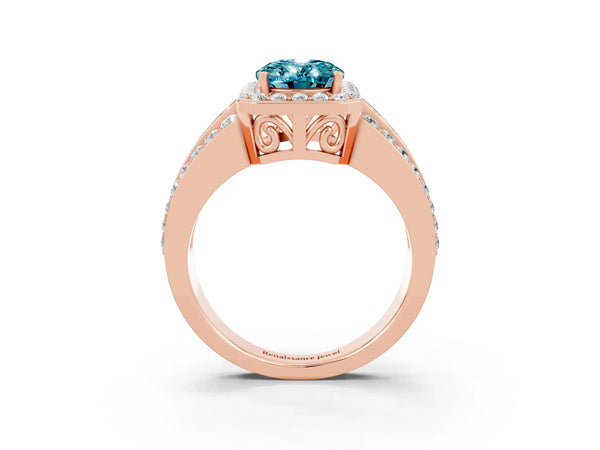 Rose gold Oval Cut Halo Blue Topaz Ring with Round  Split Shank and Prong Setting