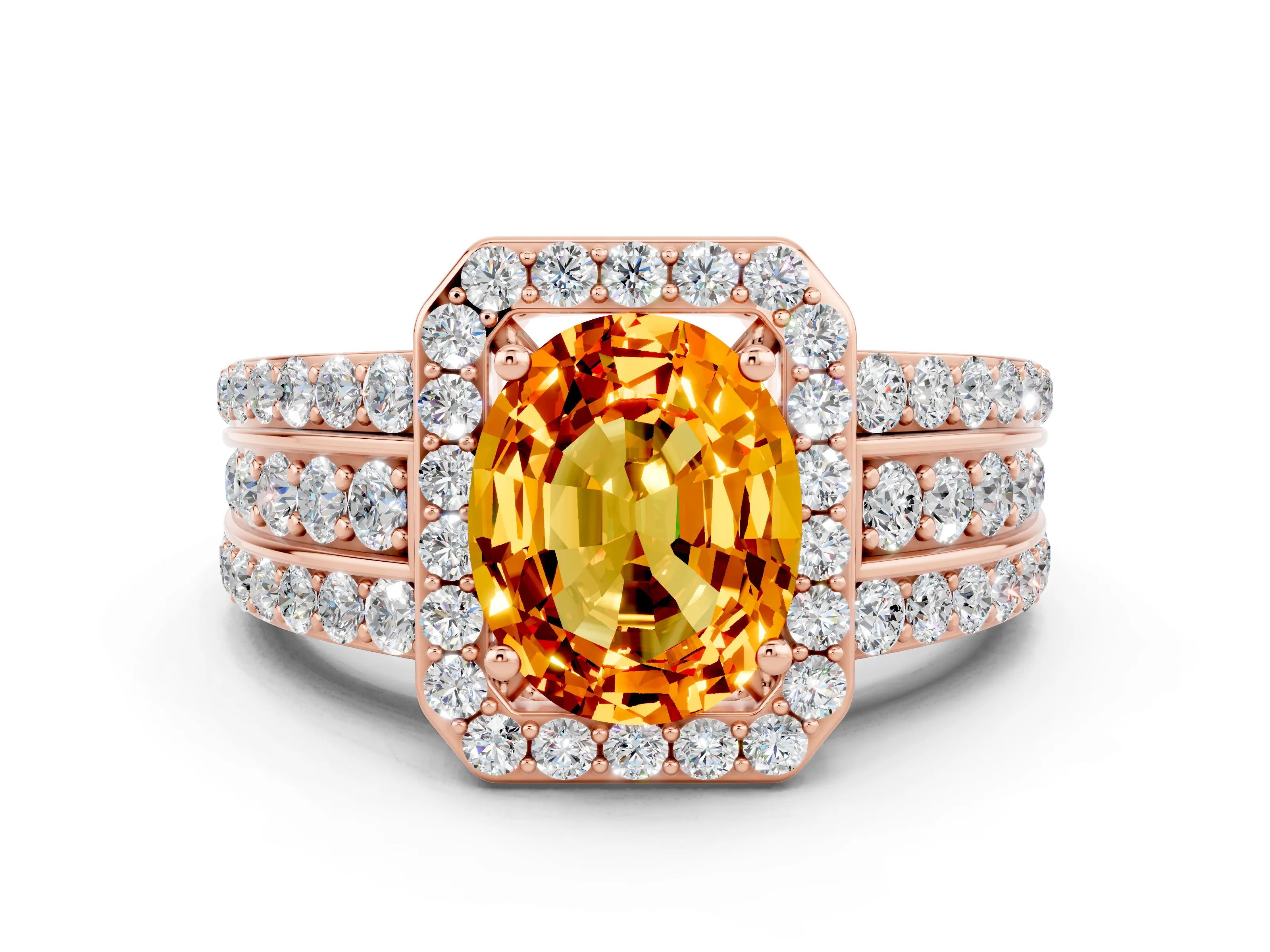 Rose gold Oval Cut Halo Citrine Ring with Split Shank and Four-Prong Setting