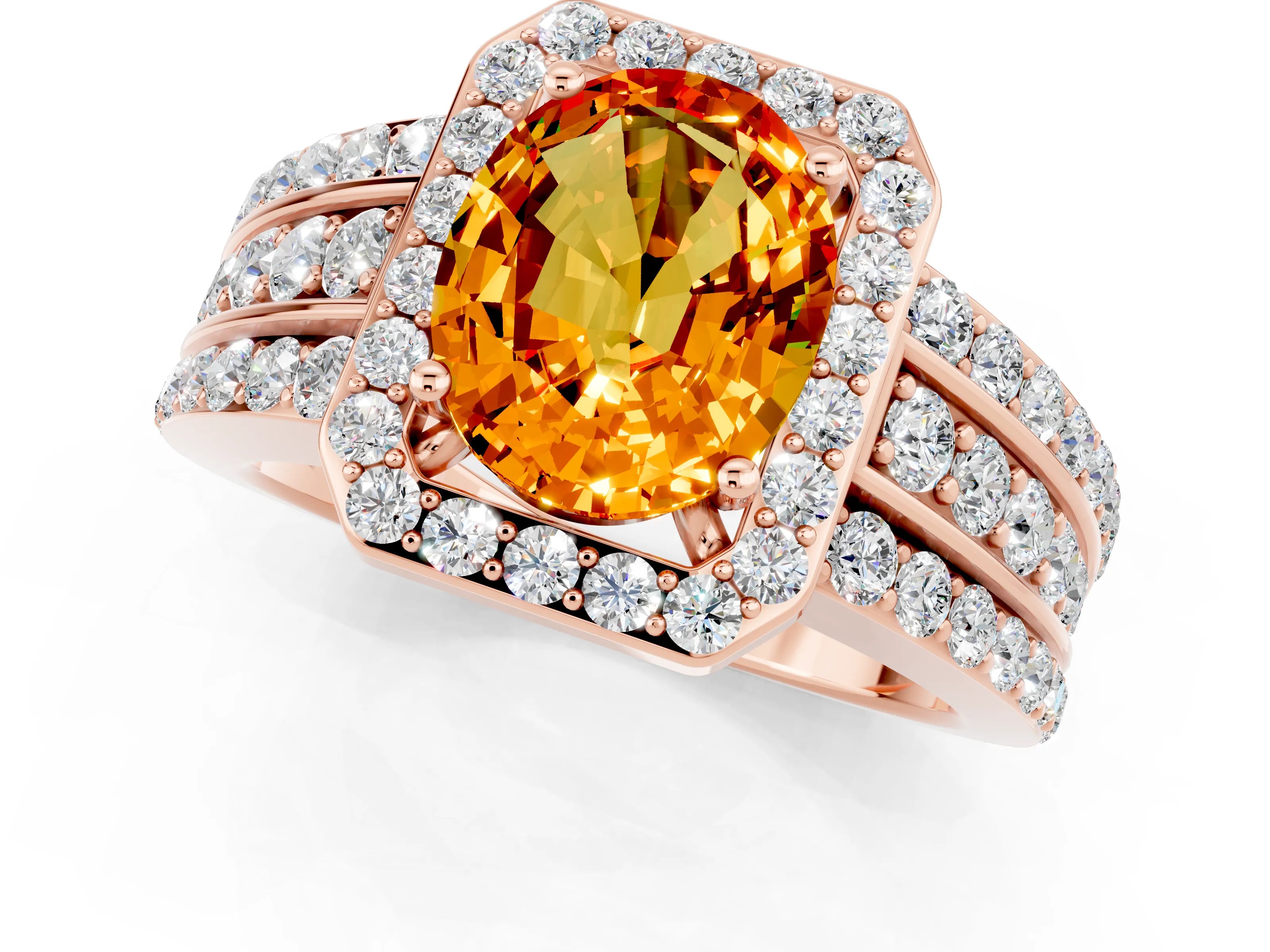 Rose gold Oval Cut Halo Citrine Ring with Split Shank and Four-Prong Setting_1