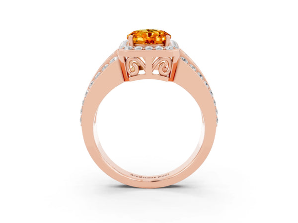 Rose gold Oval Cut Halo Citrine Ring with Round  Split Shank and Prong Setting