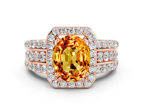 Rose gold Oval Cut Halo Citrine Ring with Split Shank and Four-Prong Setting
