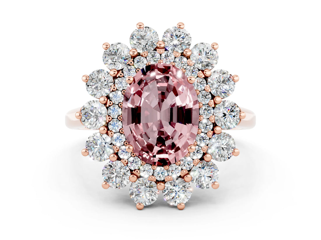 Rose gold Oval Cut Halo Cluster Diamond Ring with Pave Band and Four-Prong Setting_12