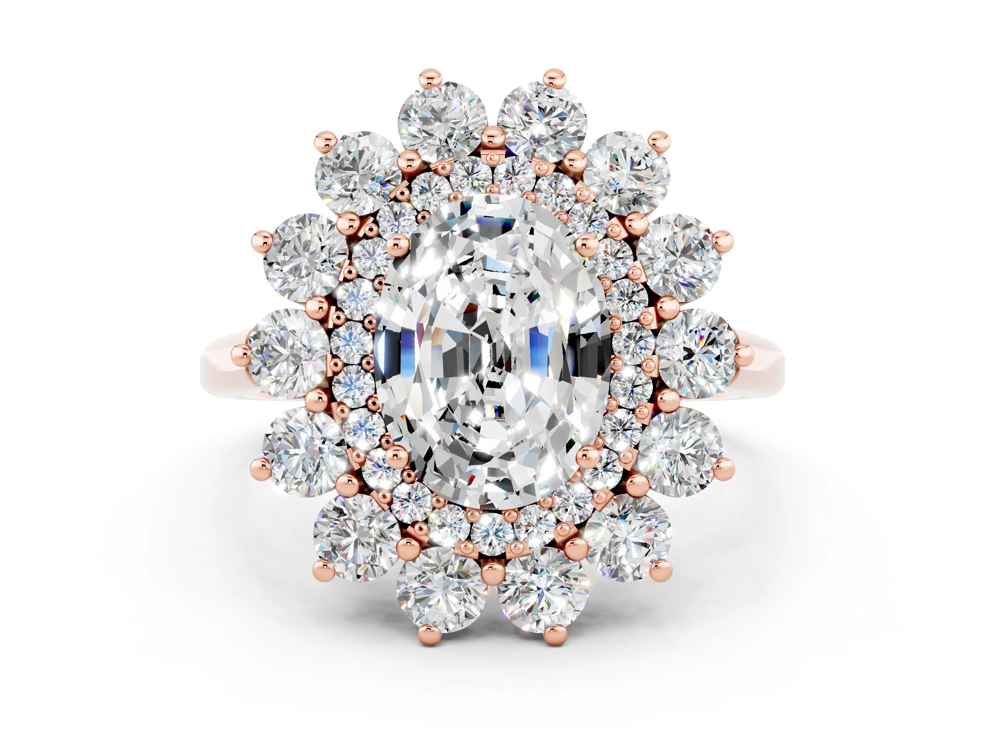 Rose gold Oval Cut Halo Cluster Diamond Ring with Pave Band and Four-Prong Setting_12