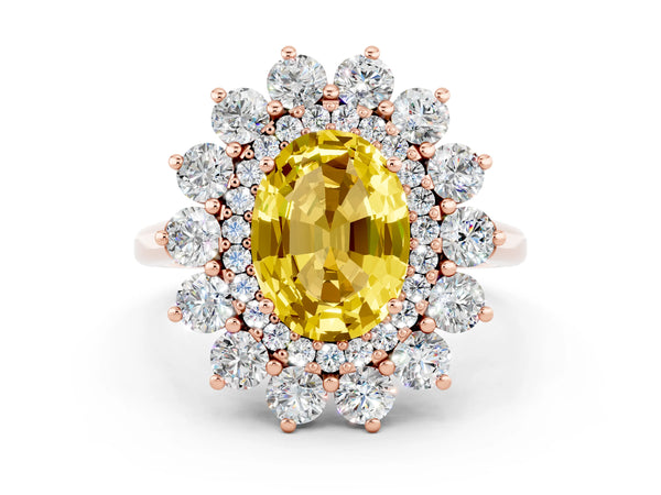 Rose gold Oval Cut Yellow Sapphire Floral Double Halo Engagement Ring with Prong Setting