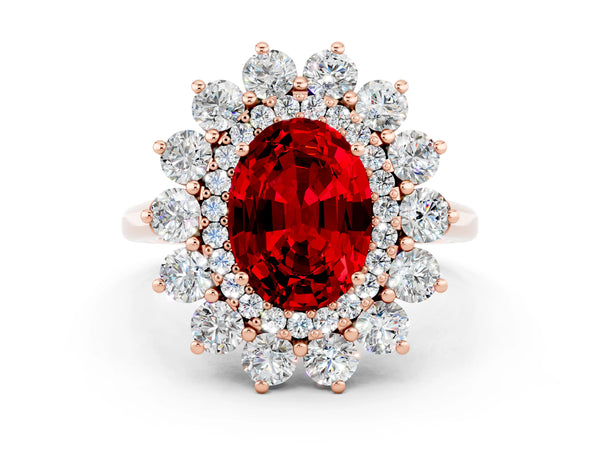 Rose gold Oval Cut Ruby Floral Double Halo Engagement Ring with Prong Setting