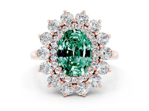 Rose gold Oval Cut Green Sapphire Floral Double Halo Engagement Ring with Prong Setting