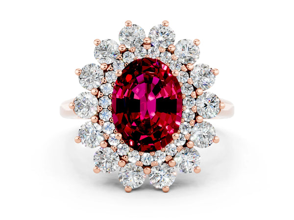Rose gold Oval Cut Garnet Floral Double Halo Engagement Ring with Prong Setting