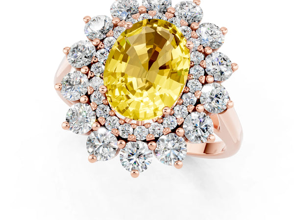 Rose gold Oval Cut Yellow Sapphire Floral Double Halo Engagement Ring with Prong Setting
