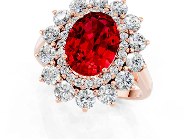 Rose gold Oval Cut Ruby Floral Double Halo Engagement Ring with Prong Setting